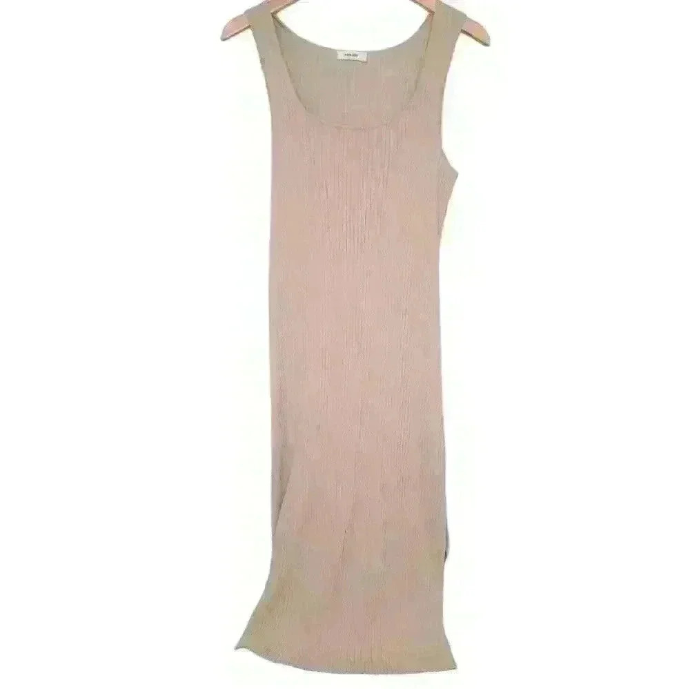 MOD REF Plus Size Sleeveless Tan Nude Stretchy Ribbed Long Dress With Slit